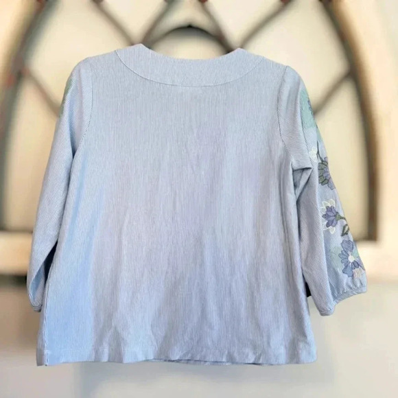 J Jill Top Size Large Blue White Striped Cotton Knit Embroidered Sleeves Sz PXS - Picture 2 of 4